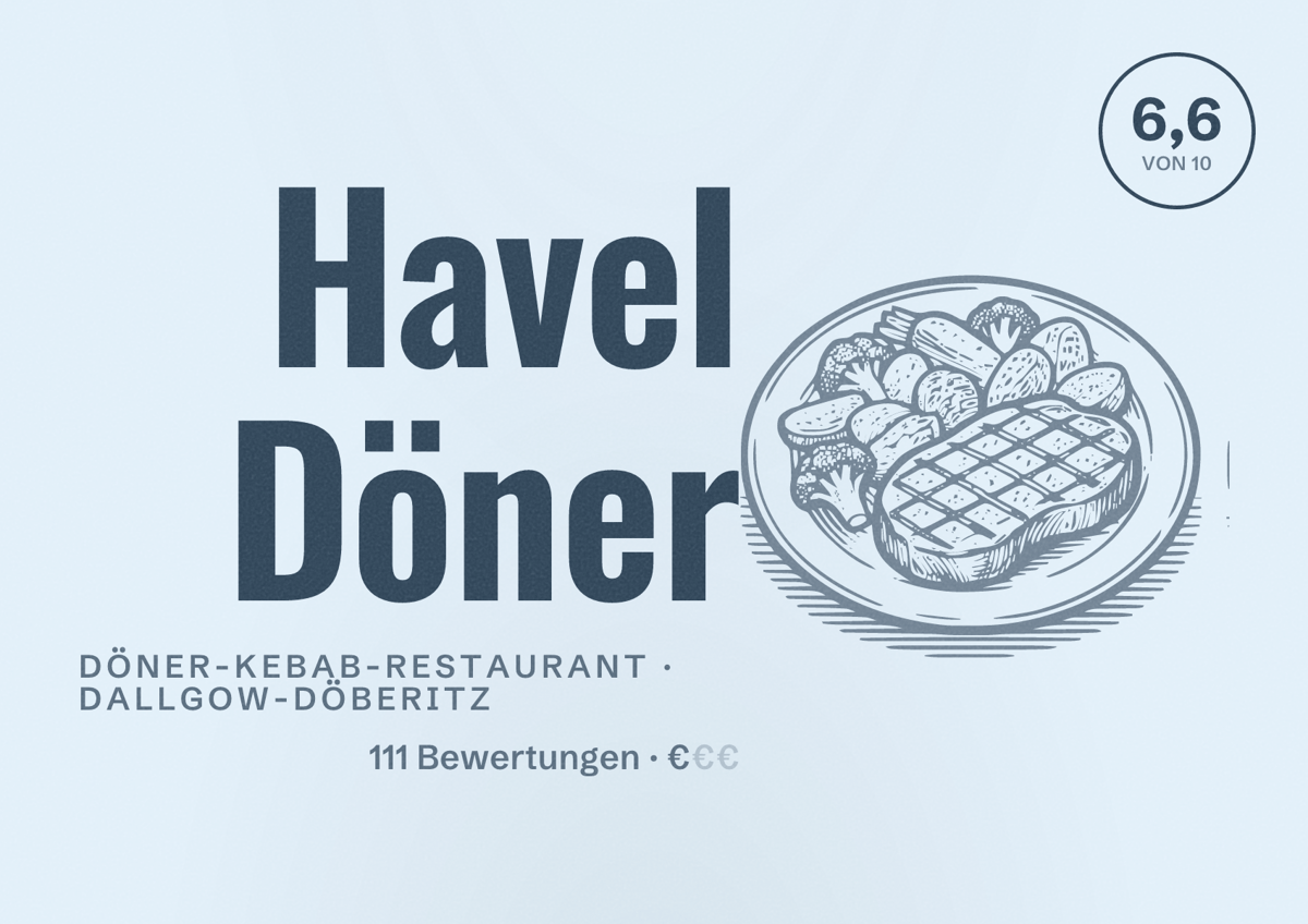 Illustriertes Poster von Havel Döner, Döner-Kebab-Restaurant in Dallgow-Döberitz: Bewertung 6,6 von 10 aus 111 Bewertungen, Preisniveau €