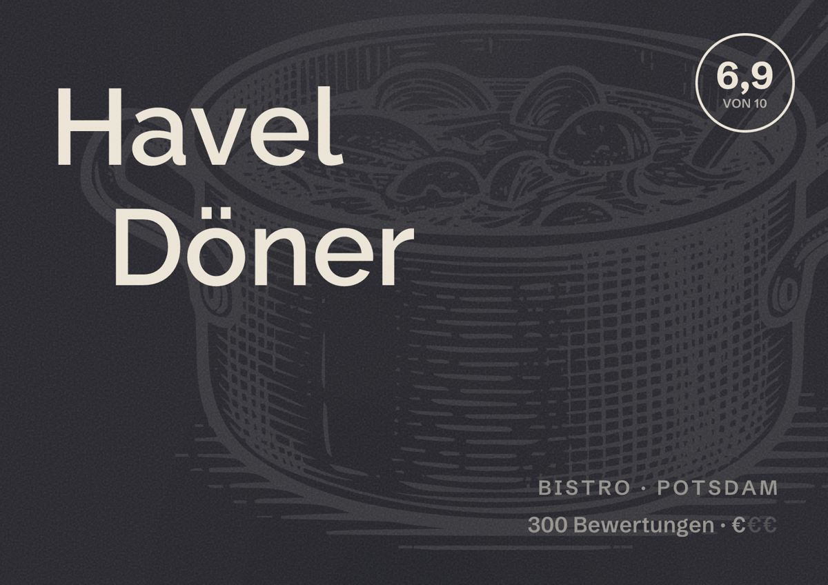 Illustriertes Poster von Havel Döner, Bistro in Potsdam: Bewertung 6,9 von 10 aus 300 Bewertungen, Preisniveau €