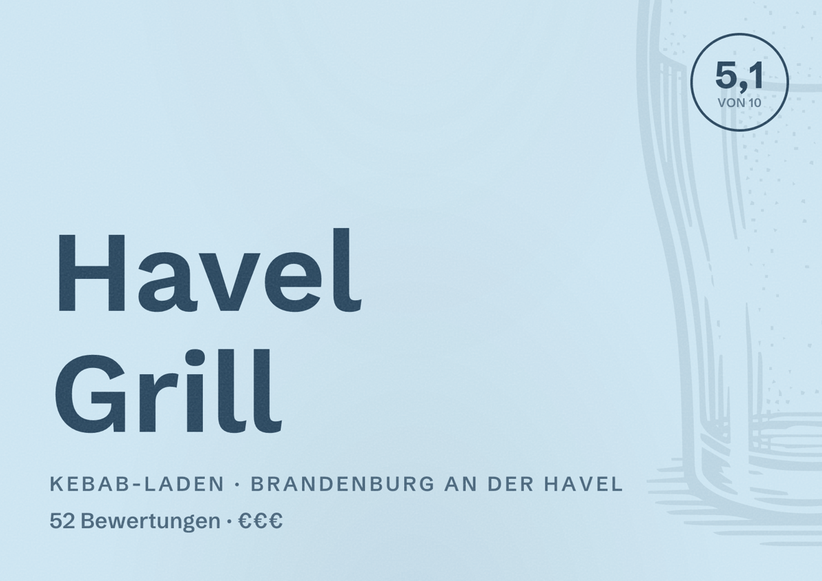 Illustriertes Poster von Havel Grill, Kebab-Laden in Brandenburg an der Havel: Bewertung 5,1 von 10 aus 52 Bewertungen, Preisniveau €€€