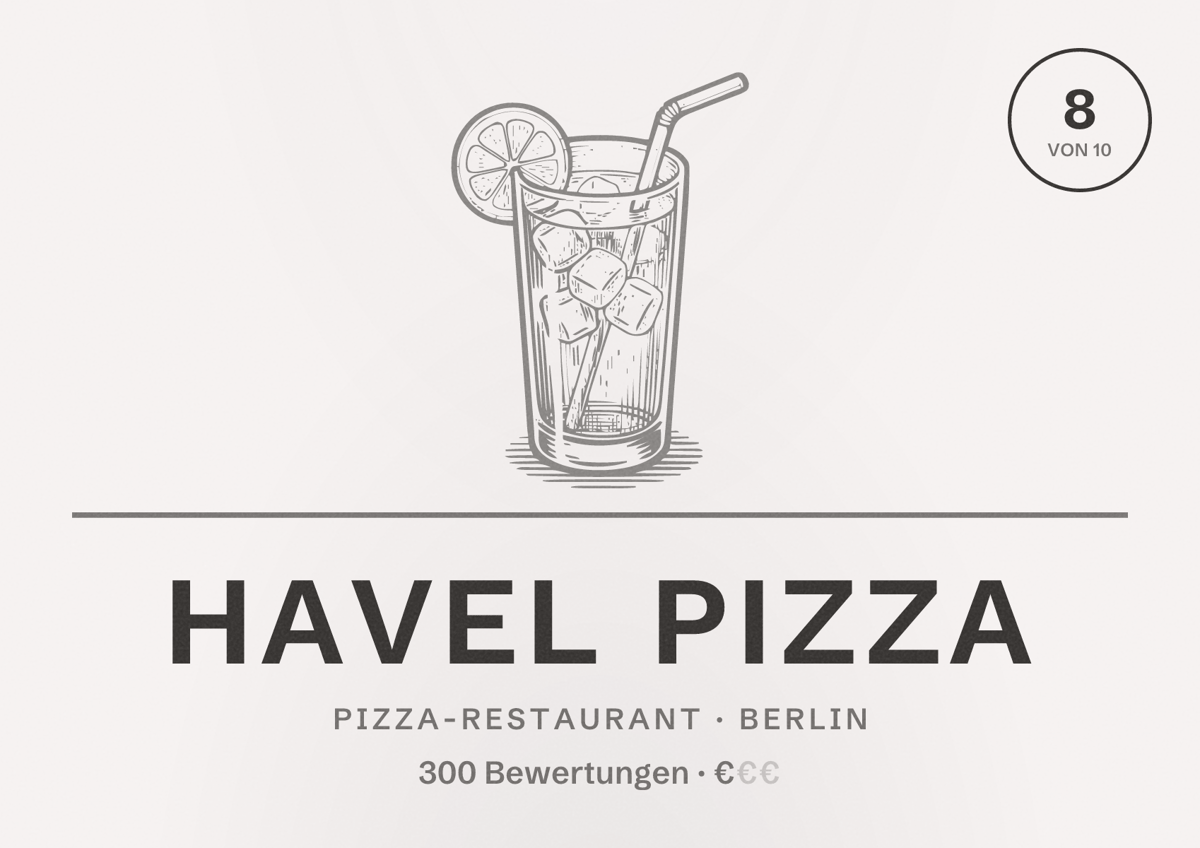 Illustriertes Poster von Havel Pizza, Pizza-Restaurant in Berlin: Bewertung 8 von 10 aus 300 Bewertungen, Preisniveau €