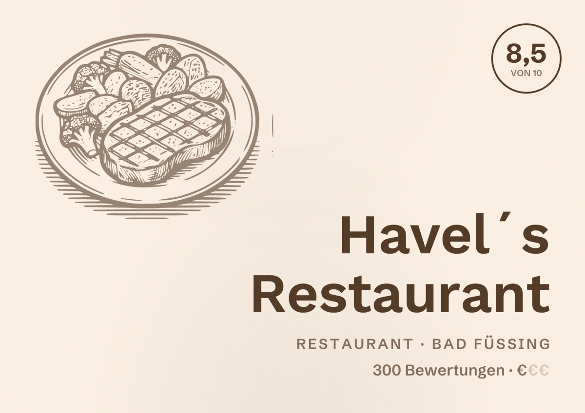 Illustriertes Poster von Havel´s Restaurant, Restaurant in Bad Füssing: Bewertung 8,5 von 10 aus 300 Bewertungen, Preisniveau €