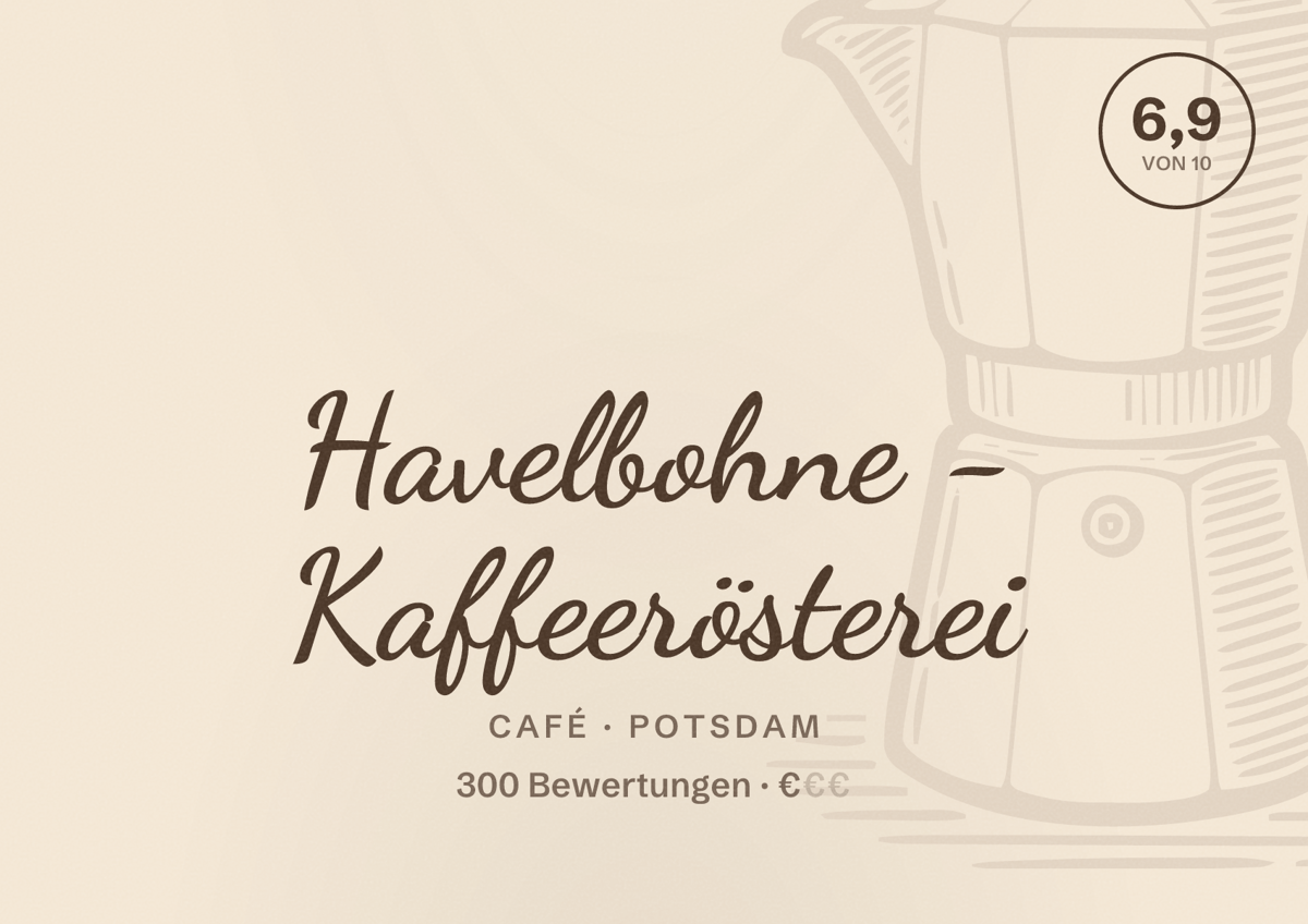 Illustriertes Poster von Havelbohne - Kaffeerösterei, Café in Potsdam: Bewertung 6,9 von 10 aus 300 Bewertungen, Preisniveau €