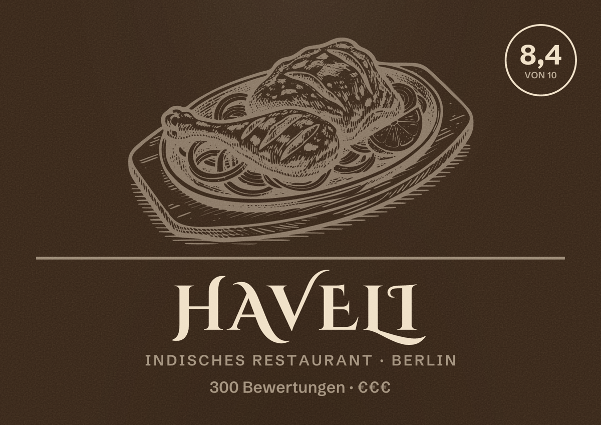 Illustriertes Poster von Haveli, Indisches Restaurant in Berlin: Bewertung 8,4 von 10 aus 300 Bewertungen, Preisniveau €€€
