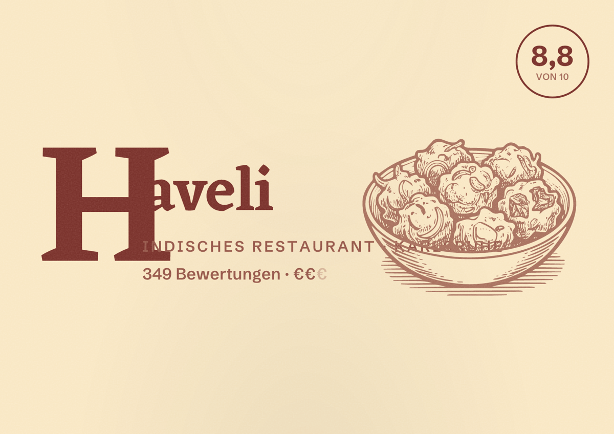 Illustriertes Poster von Haveli, Indisches Restaurant in Karlsruhe: Bewertung 8,8 von 10 aus 349 Bewertungen, Preisniveau €€