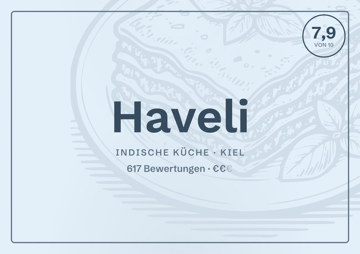Illustriertes Poster von Haveli, Indische Küche in Kiel: Bewertung 7,9 von 10 aus 617 Bewertungen, Preisniveau €€