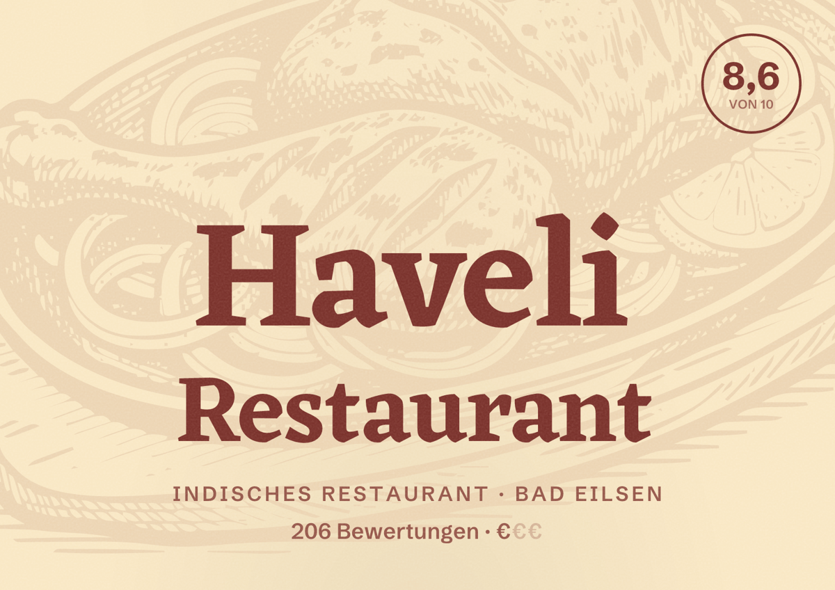 Illustriertes Poster von Haveli Restaurant, Indisches Restaurant in Bad Eilsen: Bewertung 8,6 von 10 aus 206 Bewertungen, Preisniveau €