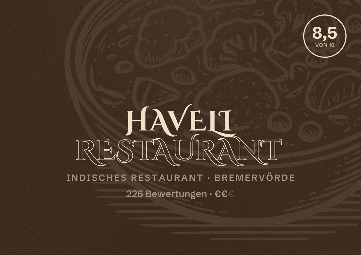 Illustriertes Poster von Haveli Restaurant, Indisches Restaurant in Bremervörde: Bewertung 8,5 von 10 aus 226 Bewertungen, Preisniveau €€
