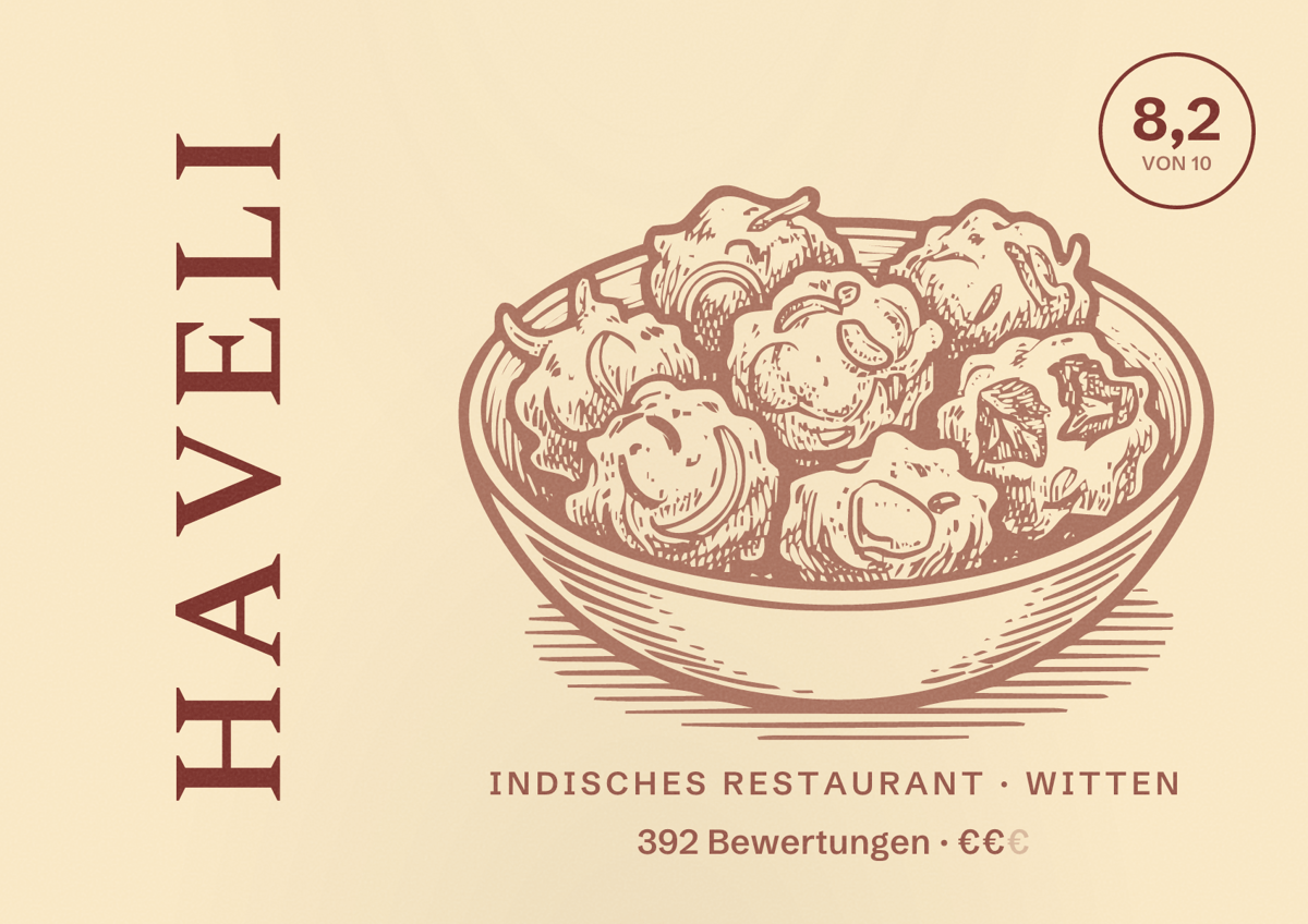 Illustriertes Poster von Haveli, Indisches Restaurant in Witten: Gästebewertung 8,2 von 10 aus 392 Bewertungen