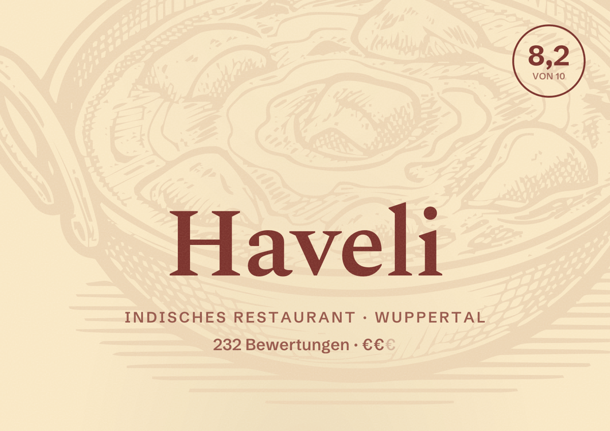 Illustriertes Poster von Haveli, Indisches Restaurant in Wuppertal: Gästebewertung 8,2 von 10 aus 232 Bewertungen