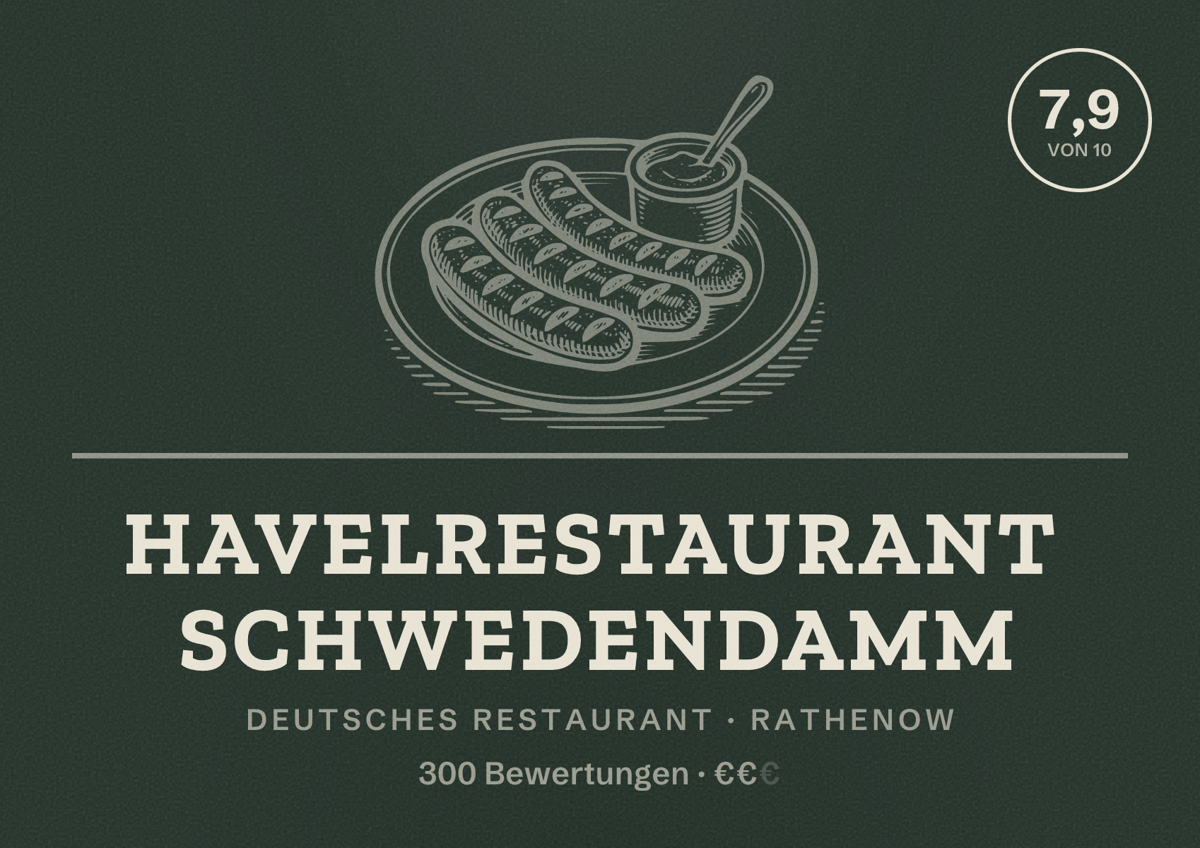 Illustriertes Poster von Havelrestaurant Schwedendamm, Deutsches Restaurant in Rathenow: Bewertung 7,9 von 10 aus 300 Bewertungen, Preisniveau €€