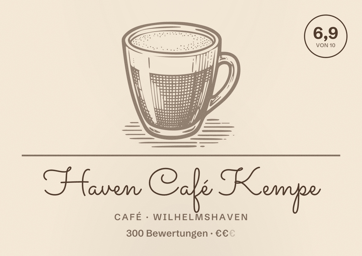 Illustriertes Poster von Haven Café Kempe, Café in Wilhelmshaven: Bewertung 6,9 von 10 aus 300 Bewertungen, Preisniveau €€