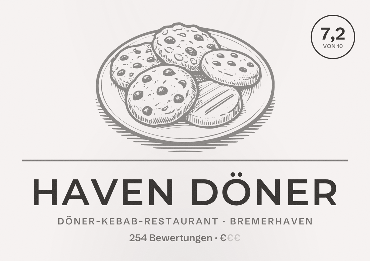 Illustriertes Poster von Haven Döner, Döner-Kebab-Restaurant in Bremerhaven: Bewertung 7,2 von 10 aus 254 Bewertungen, Preisniveau €