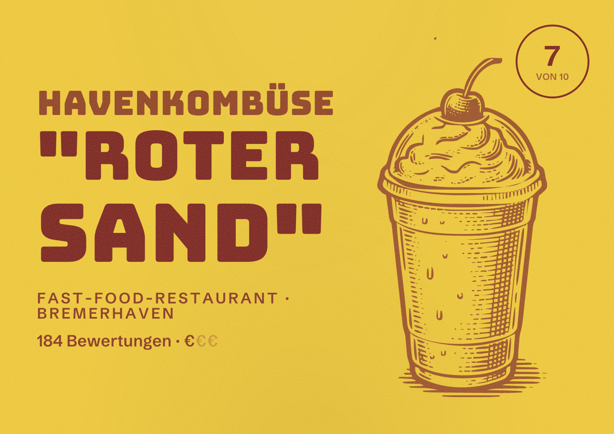 Illustriertes Poster von Havenkombüse "Roter Sand", Fast-Food-Restaurant in Bremerhaven: Bewertung 7 von 10 aus 184 Bewertungen, Preisniveau €