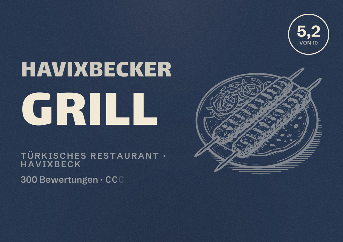 Illustriertes Poster von Havixbecker Grill, Türkisches Restaurant in Havixbeck: Bewertung 5,2 von 10 aus 300 Bewertungen, Preisniveau €€