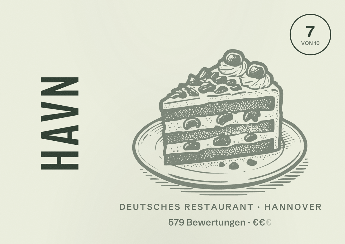 Illustriertes Poster von HAVN, Deutsches Restaurant in Hannover: Bewertung 7 von 10 aus 579 Bewertungen, Preisniveau €€