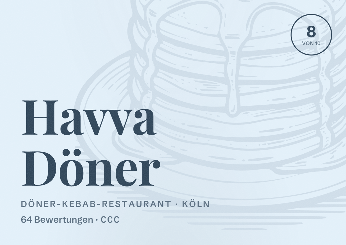 Illustriertes Poster von Havva Döner, Döner-Kebab-Restaurant in Köln: Bewertung 8 von 10 aus 64 Bewertungen, Preisniveau €€€
