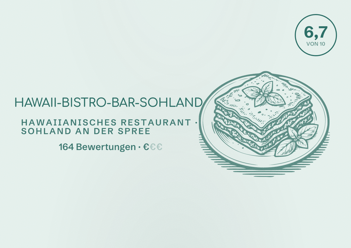 Illustriertes Poster von HAWAII-BISTRO-BAR-SOHLAND, Hawaiianisches Restaurant in Sohland an der Spree: Bewertung 6,7 von 10 aus 164 Bewertungen, Preisniveau €
