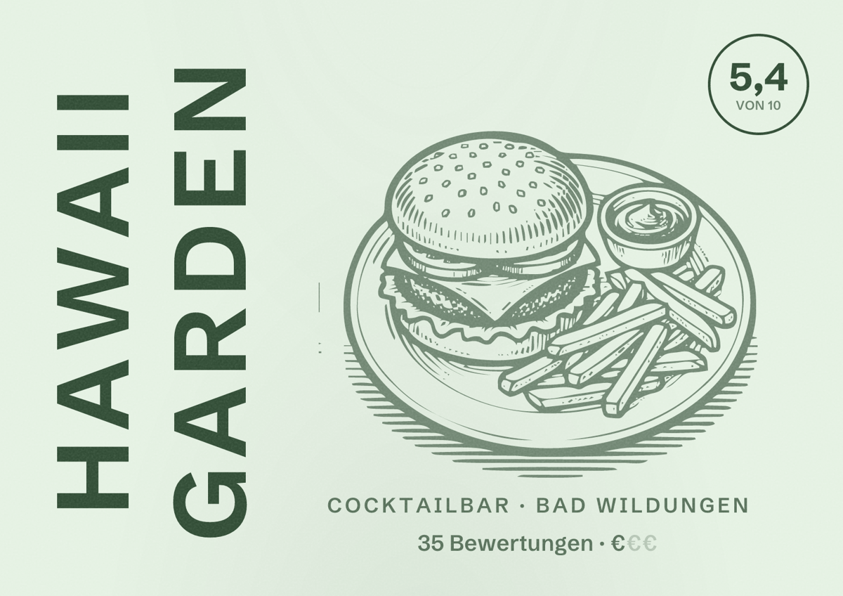 Illustriertes Poster von Hawaii Garden, Cocktailbar in Bad Wildungen: Bewertung 5,4 von 10 aus 35 Bewertungen, Preisniveau €
