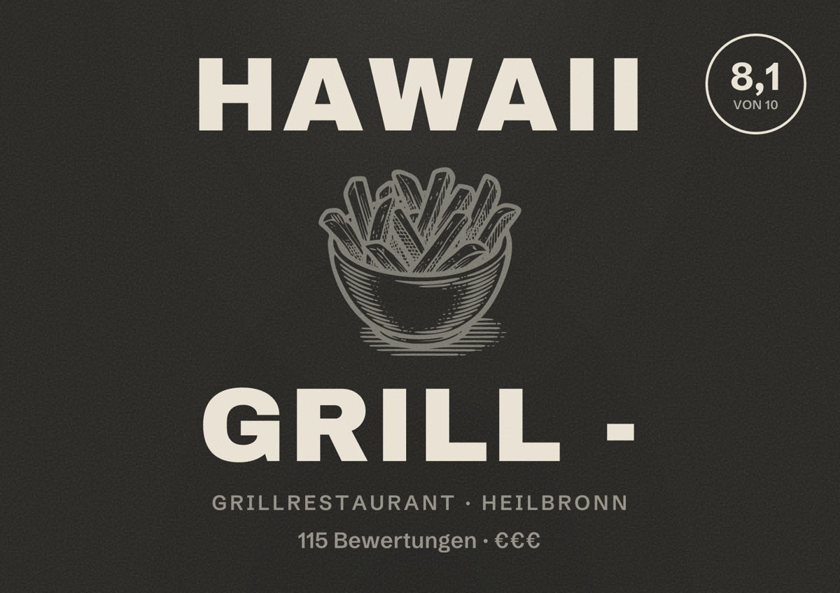 Illustriertes Poster von Hawaii Grill -, Grillrestaurant in Heilbronn: Bewertung 8,1 von 10 aus 115 Bewertungen, Preisniveau €€€