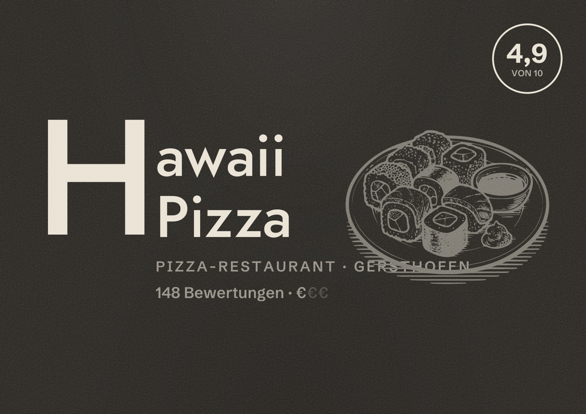 Illustriertes Poster von Hawaii Pizza, Pizza-Restaurant in Gersthofen: Bewertung 4,9 von 10 aus 148 Bewertungen, Preisniveau €
