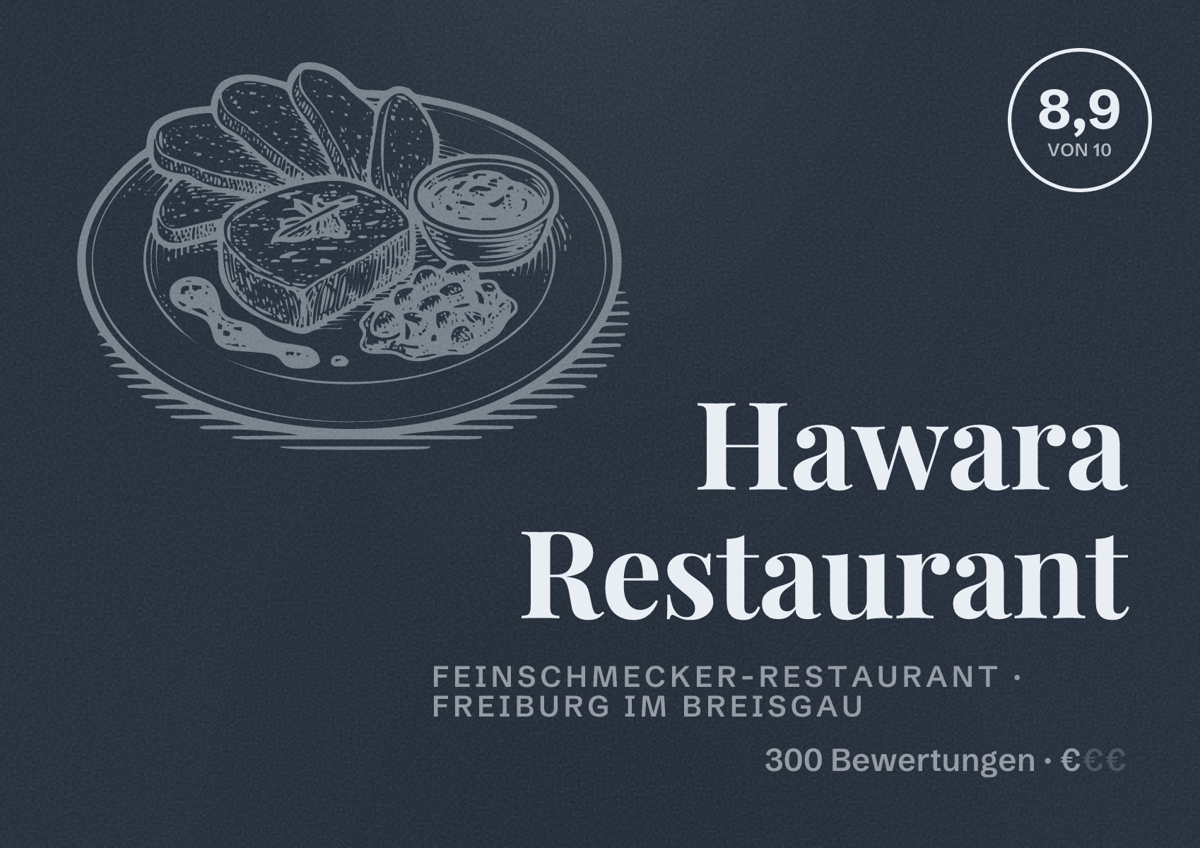 Illustriertes Poster von Hawara Restaurant, Feinschmecker-Restaurant in Freiburg im Breisgau: Bewertung 8,9 von 10 aus 300 Bewertungen, Preisniveau €