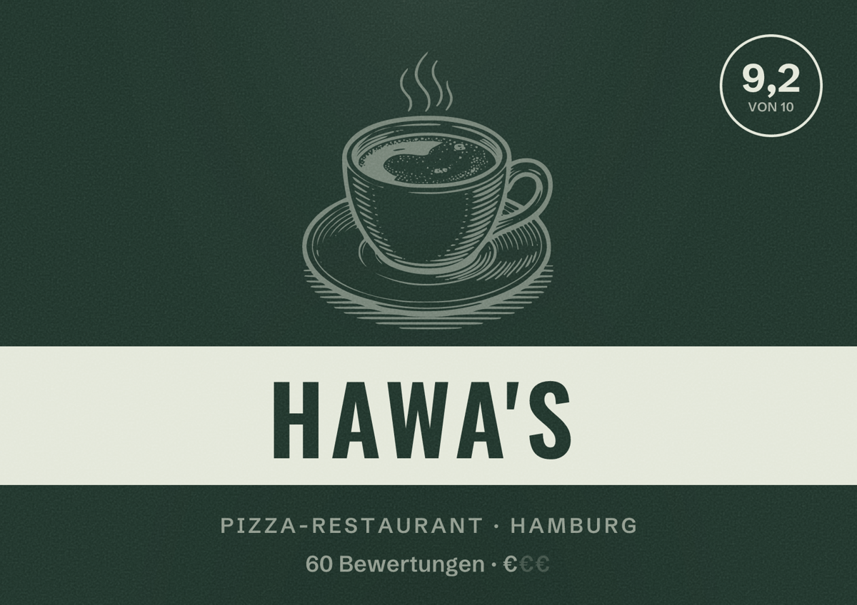 Illustriertes Poster von Hawa's, Pizza-Restaurant in Hamburg: Bewertung 9,2 von 10 aus 60 Bewertungen, Preisniveau €