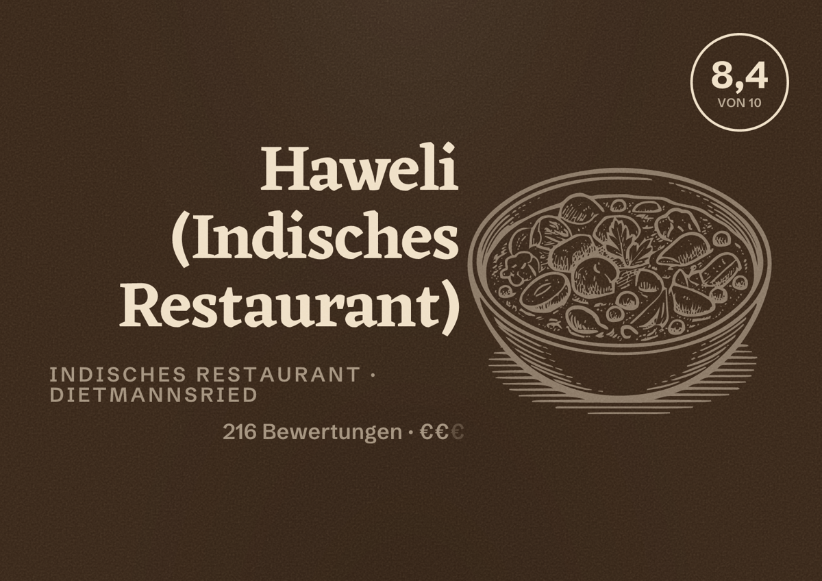 Illustriertes Poster von Haweli (Indisches Restaurant), Indisches Restaurant in Dietmannsried: Bewertung 8,4 von 10 aus 216 Bewertungen, Preisniveau €€