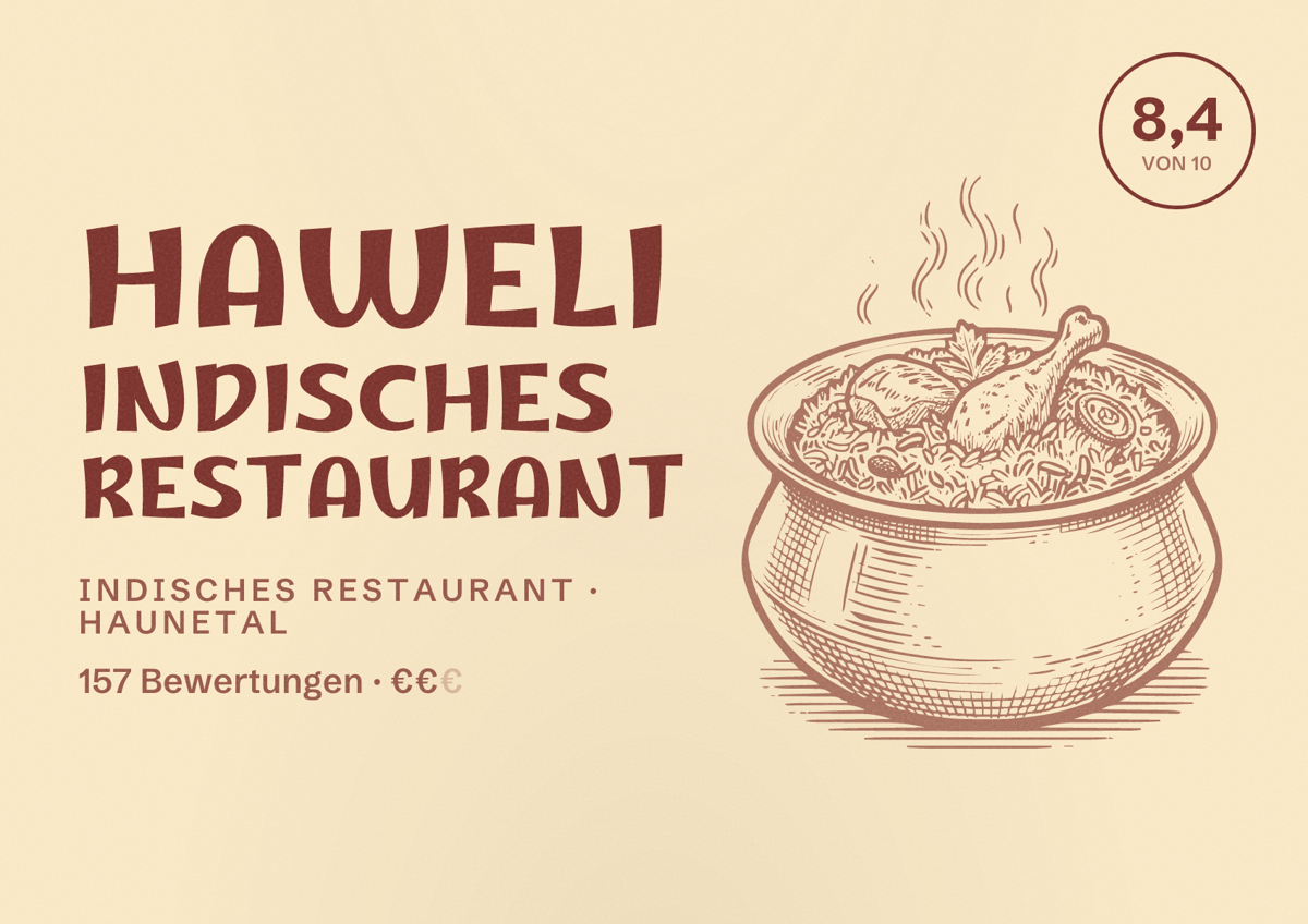Illustriertes Poster von HAWELI Indisches Restaurant, Indisches Restaurant in Haunetal: Bewertung 8,4 von 10 aus 157 Bewertungen, Preisniveau €€