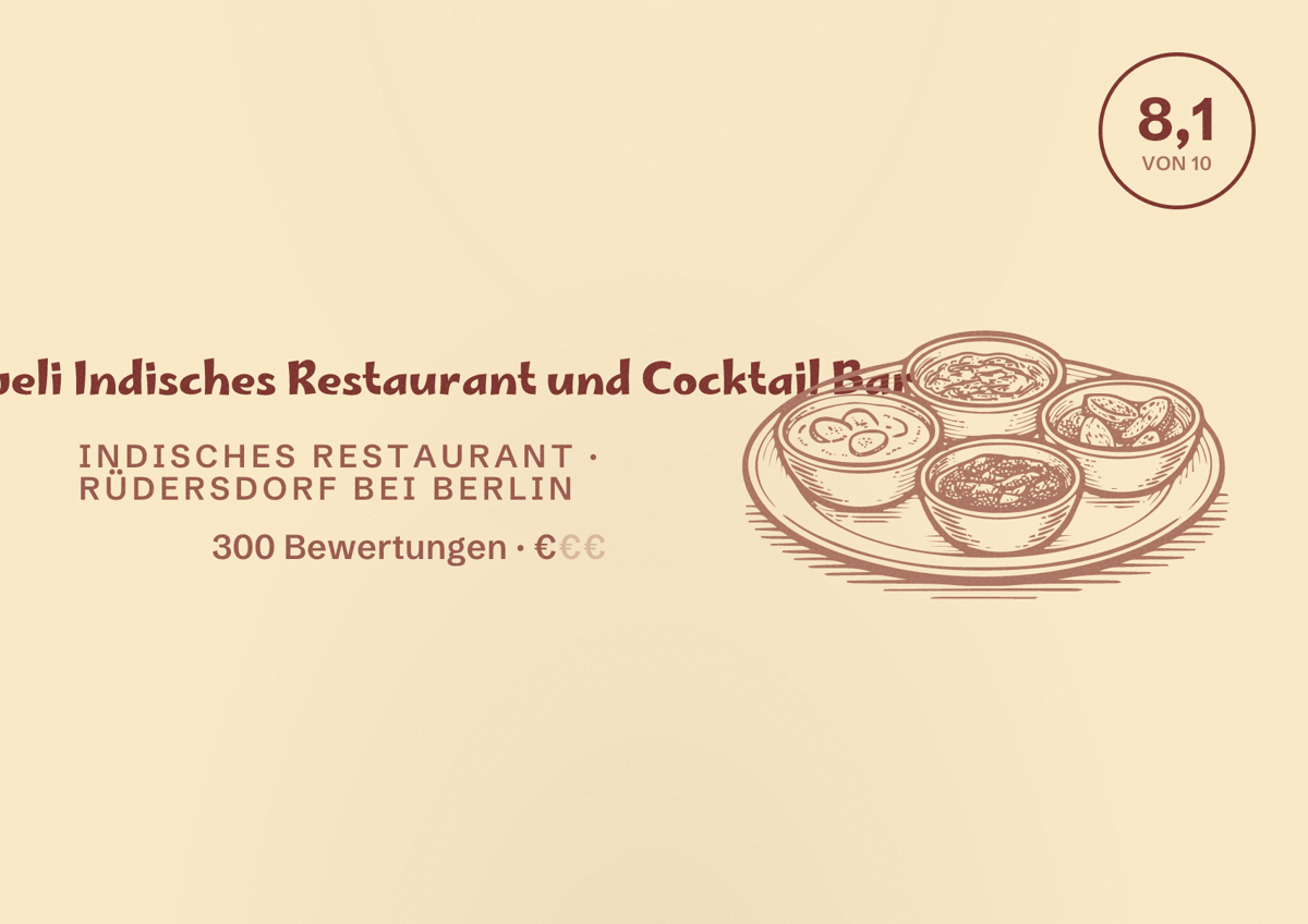 Illustriertes Poster von Haweli Indisches Restaurant und Cocktail Bar, Indisches Restaurant in Rüdersdorf bei Berlin: Bewertung 8,1 von 10 aus 300 Bewertungen, Preisniveau €