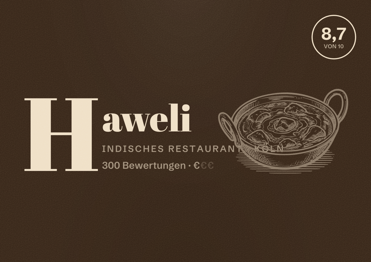 Illustriertes Poster von Haweli, Indisches Restaurant in Köln: Bewertung 8,7 von 10 aus 300 Bewertungen, Preisniveau €