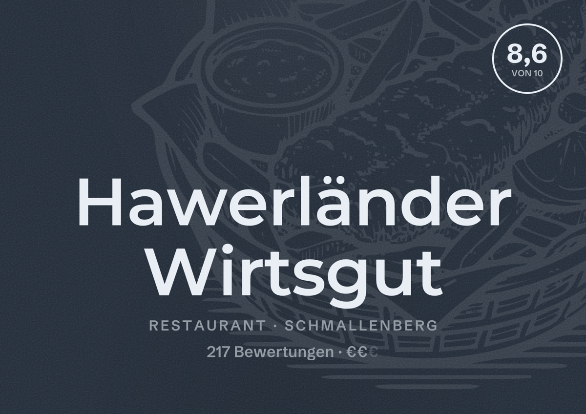 Illustriertes Poster von Hawerländer Wirtsgut, Restaurant in Schmallenberg: Bewertung 8,6 von 10 aus 217 Bewertungen, Preisniveau €€
