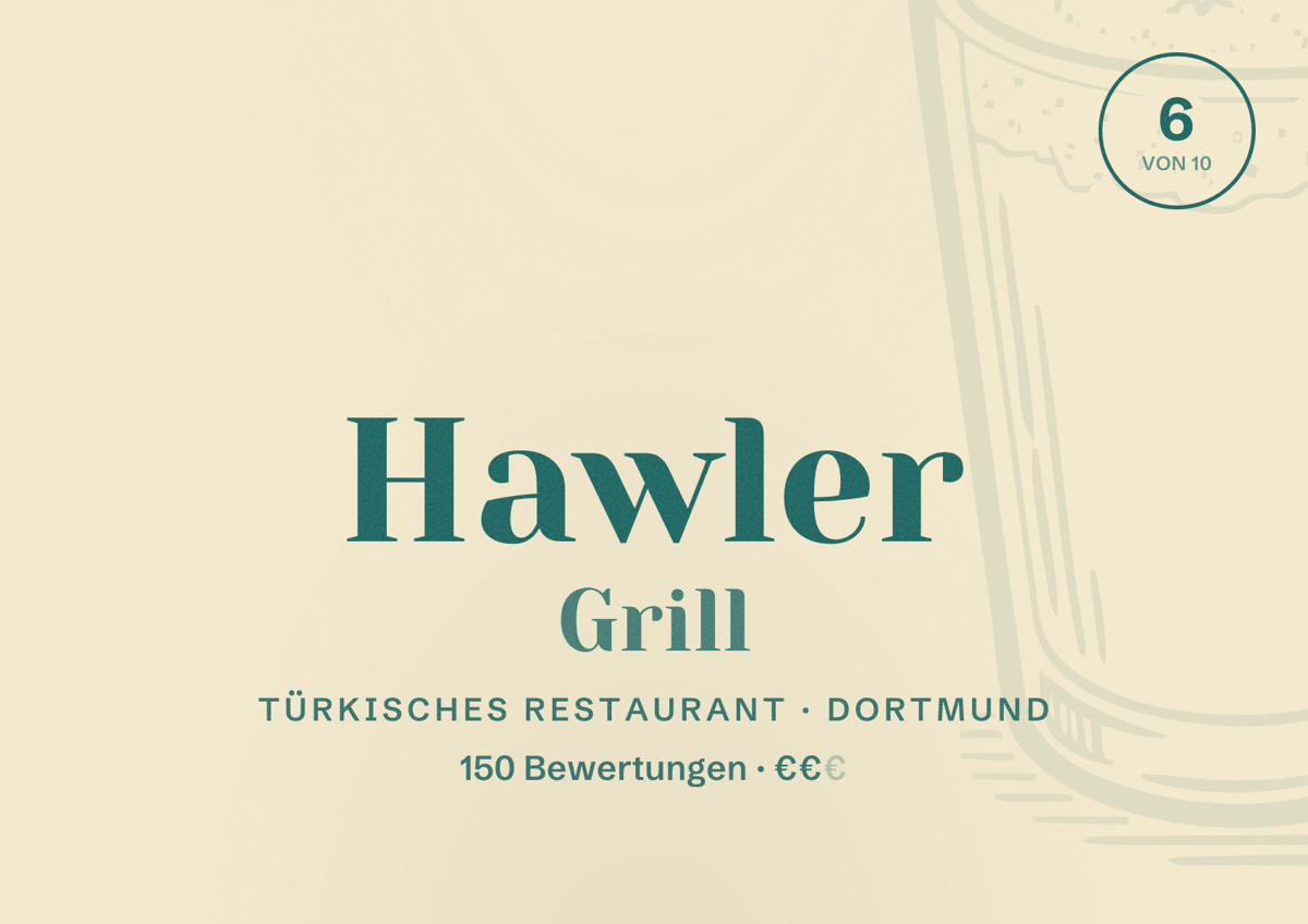Illustriertes Poster von Hawler Grill, Türkisches Restaurant in Dortmund: Bewertung 6 von 10 aus 150 Bewertungen, Preisniveau €€