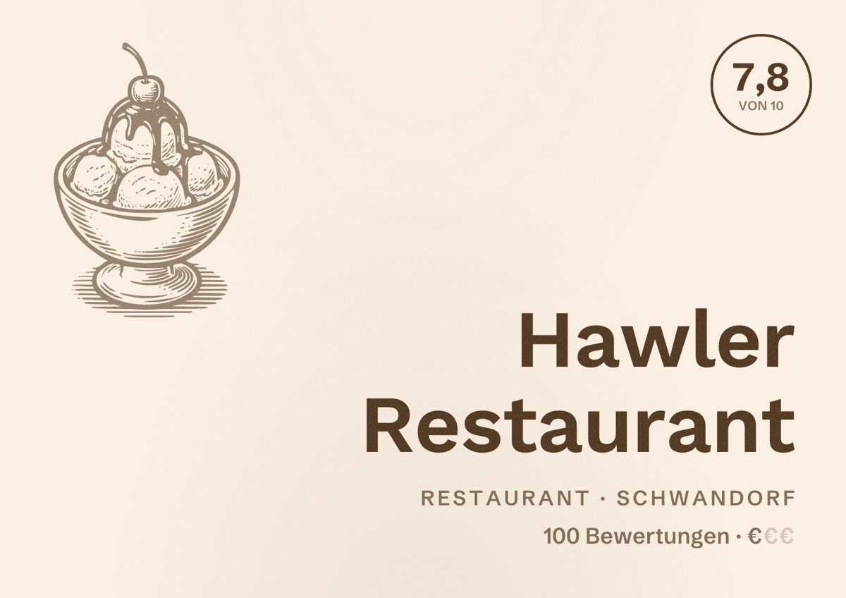 Illustriertes Poster von Hawler Restaurant, Restaurant in Schwandorf: Bewertung 7,8 von 10 aus 100 Bewertungen, Preisniveau €