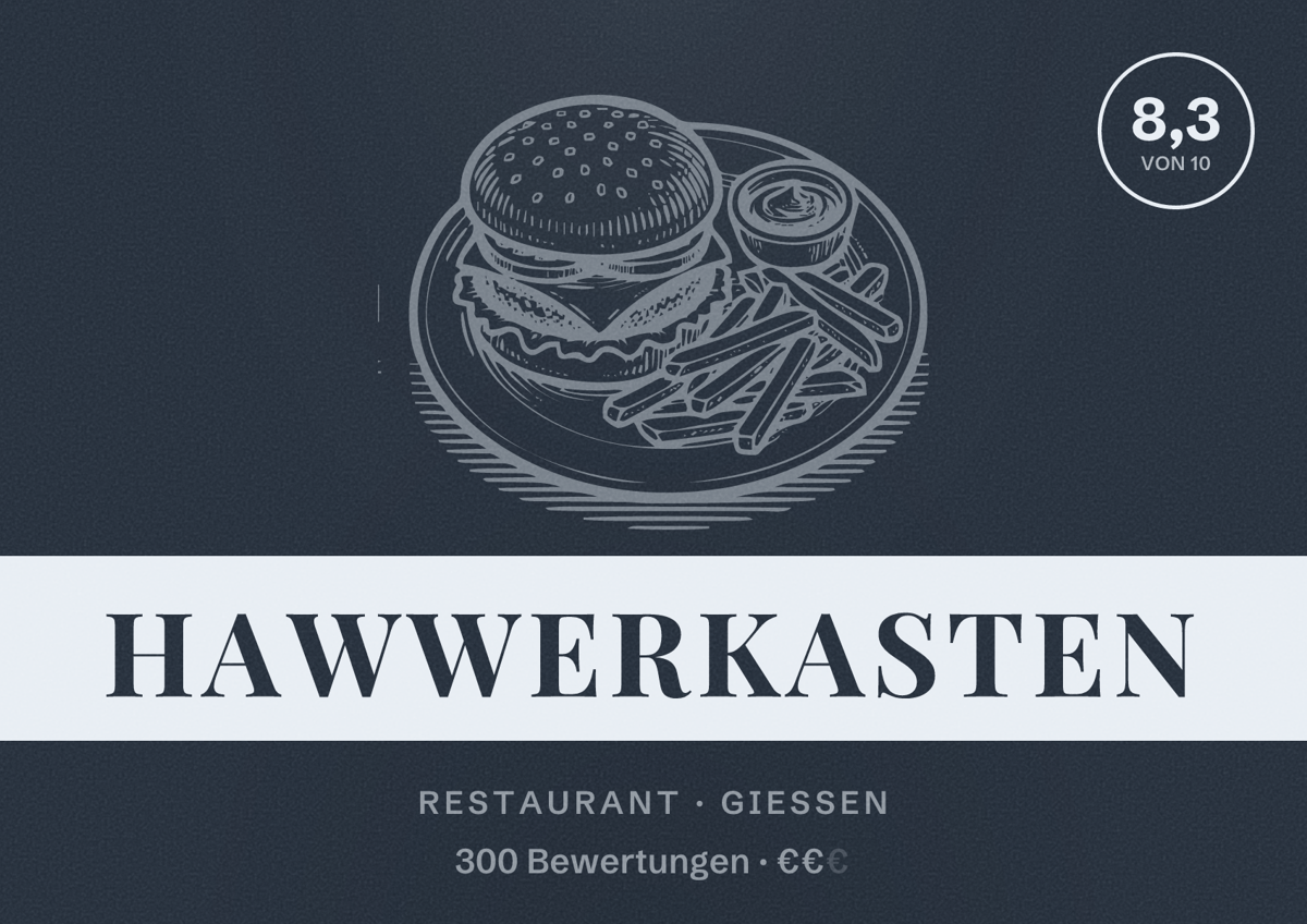 Illustriertes Poster von Hawwerkasten, Restaurant in Gießen: Bewertung 8,3 von 10 aus 300 Bewertungen, Preisniveau €€