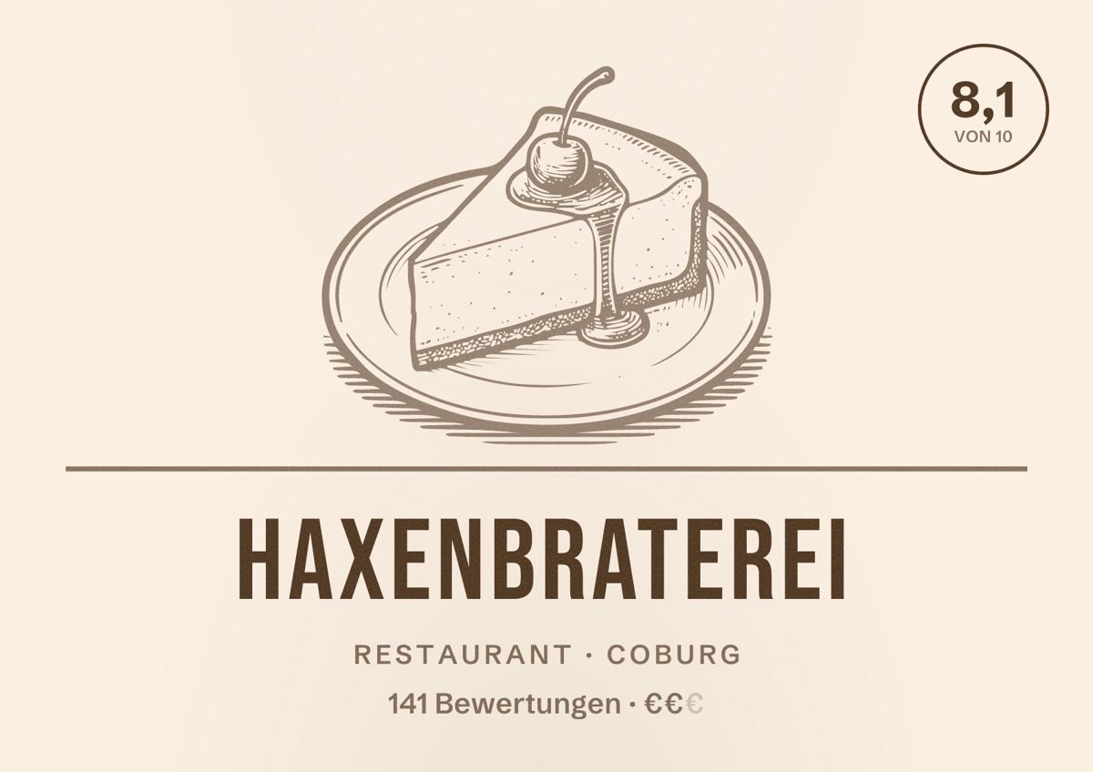 Illustriertes Poster von Haxenbraterei, Restaurant in Coburg: Bewertung 8,1 von 10 aus 141 Bewertungen, Preisniveau €€