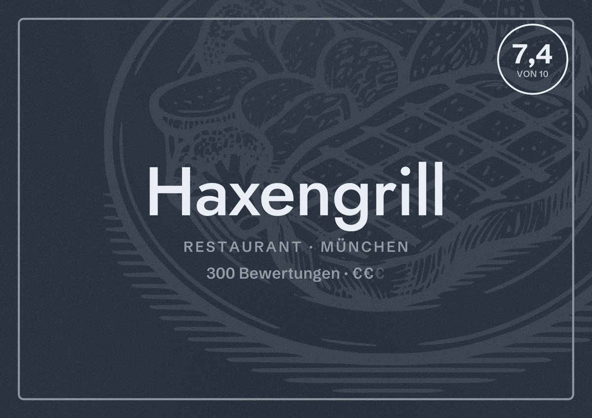 Illustriertes Poster von Haxengrill, Restaurant in München: Bewertung 7,4 von 10 aus 300 Bewertungen, Preisniveau €€