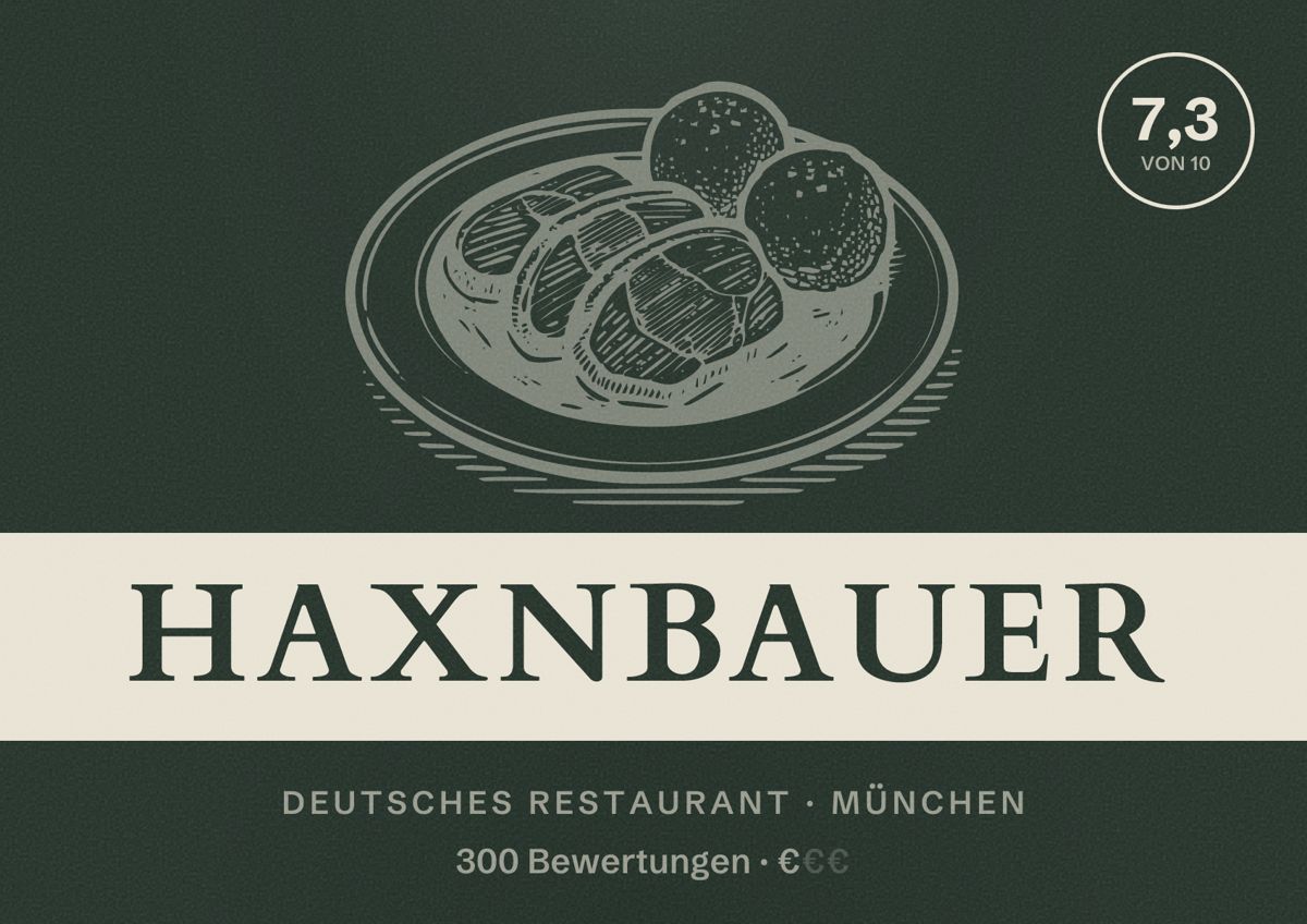 Illustriertes Poster von Haxnbauer, Deutsches Restaurant in München: Bewertung 7,3 von 10 aus 300 Bewertungen, Preisniveau €