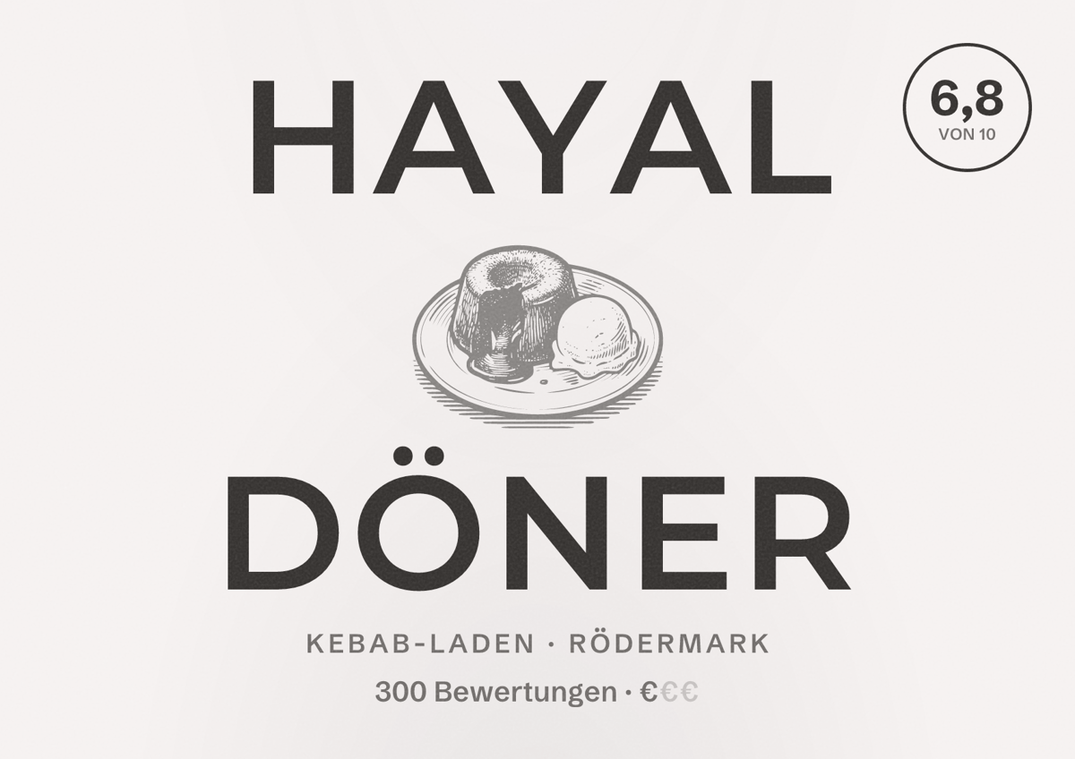 Illustriertes Poster von Hayal Döner, Kebab-Laden in Rödermark: Bewertung 6,8 von 10 aus 300 Bewertungen, Preisniveau €
