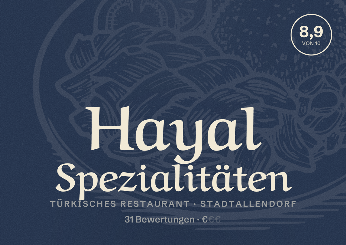 Illustriertes Poster von Hayal Spezialitäten, Türkisches Restaurant in Stadtallendorf: Bewertung 8,9 von 10 aus 31 Bewertungen, Preisniveau €