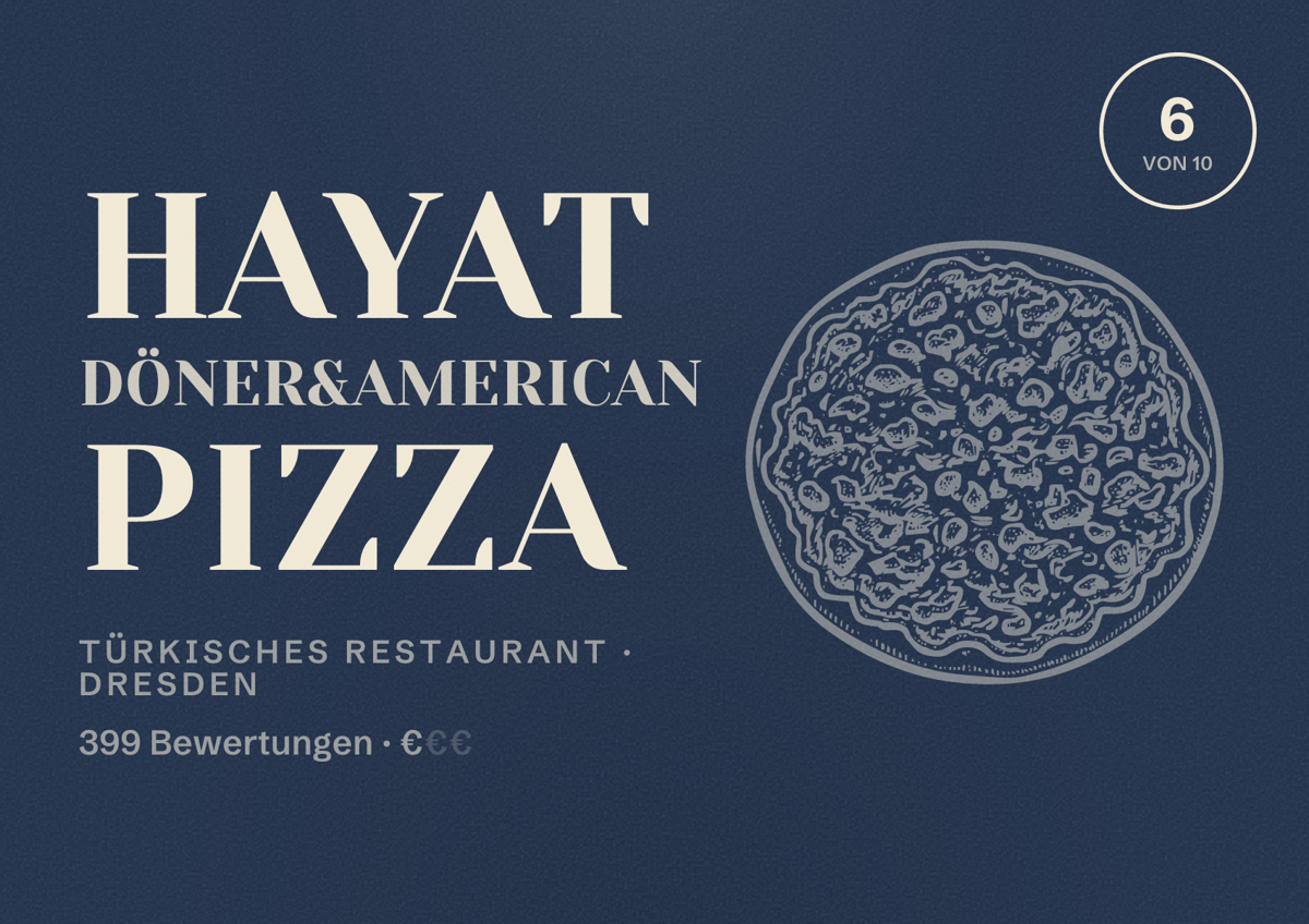 Illustriertes Poster von Hayat Döner&American Pizza, Türkisches Restaurant in Dresden: Bewertung 6,0 von 10 aus 399 Bewertungen, Preisniveau €