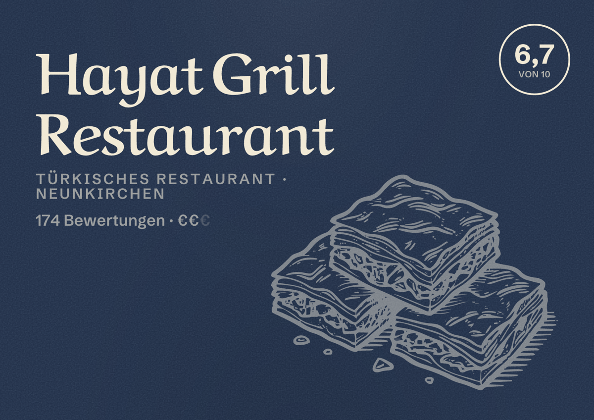 Illustriertes Poster von Hayat Grill Restaurant, Türkisches Restaurant in Neunkirchen: Bewertung 6,7 von 10 aus 174 Bewertungen, Preisniveau €€