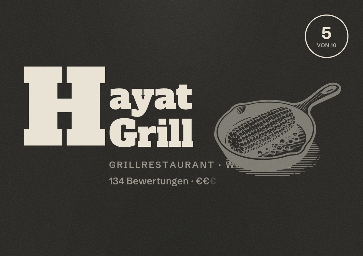 Illustriertes Poster von Hayat Grill, Grillrestaurant in Wuppertal: Bewertung 5 von 10 aus 134 Bewertungen, Preisniveau €€