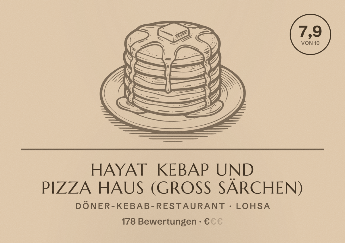 Illustriertes Poster von Hayat Kebap und Pizza Haus (Groß Särchen), Döner-Kebab-Restaurant in Lohsa: Bewertung 7,9 von 10 aus 178 Bewertungen, Preisniveau €