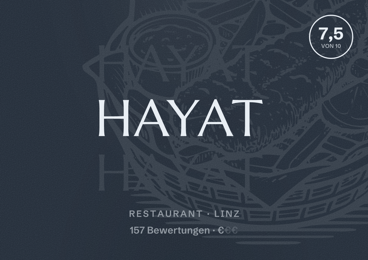 Illustriertes Poster von Hayat, Restaurant in Linz: Bewertung 7,5 von 10 aus 157 Bewertungen, Preisniveau €
