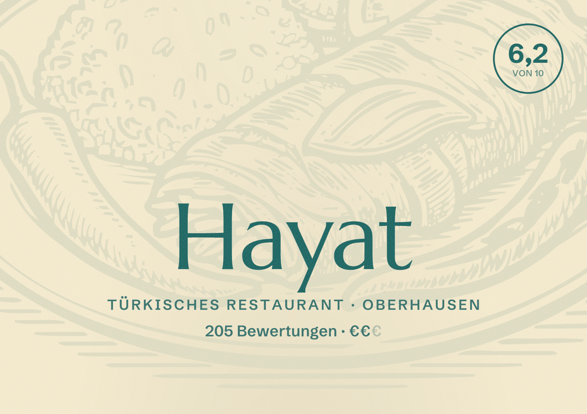 Illustriertes Poster von Hayat, Türkisches Restaurant in Oberhausen: Bewertung 6,2 von 10 aus 205 Bewertungen, Preisniveau €€