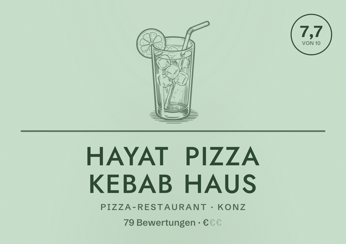 Illustriertes Poster von Hayat Pizza Kebab Haus, Pizza-Restaurant in Konz: Bewertung 7,7 von 10 aus 79 Bewertungen, Preisniveau €