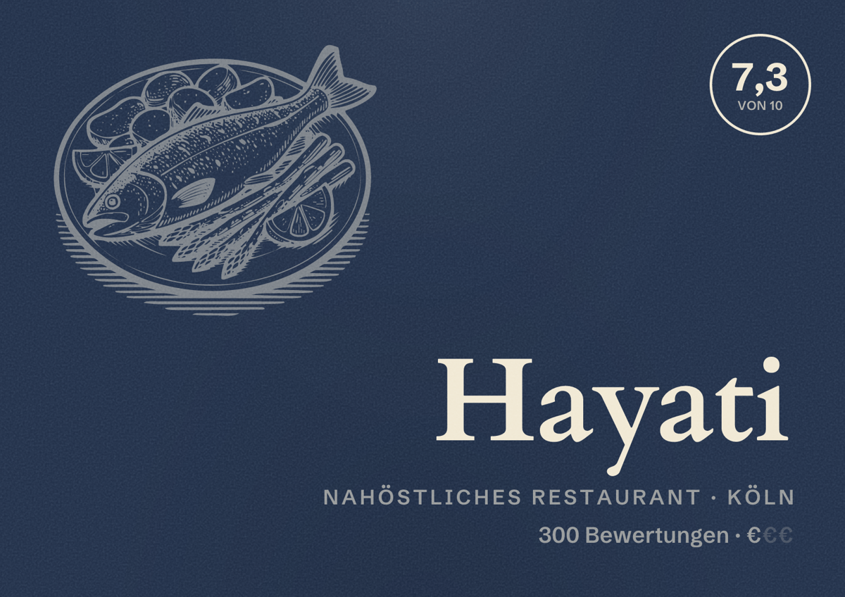 Illustriertes Poster von Hayati, Nahöstliches Restaurant in Köln: Bewertung 7,3 von 10 aus 300 Bewertungen, Preisniveau €