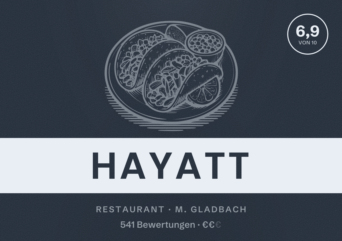 Illustriertes Poster von Hayatt, Restaurant in M. Gladbach: Bewertung 6,9 von 10 aus 541 Bewertungen, Preisniveau €€