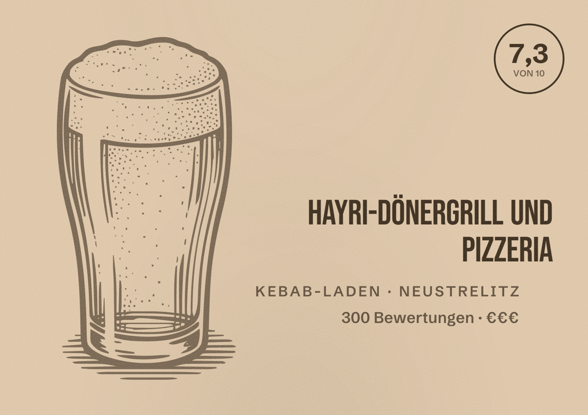 Illustriertes Poster von Hayri-Dönergrill und Pizzeria, Kebab-Laden in Neustrelitz: Bewertung 7,3 von 10 aus 300 Bewertungen, Preisniveau €€€