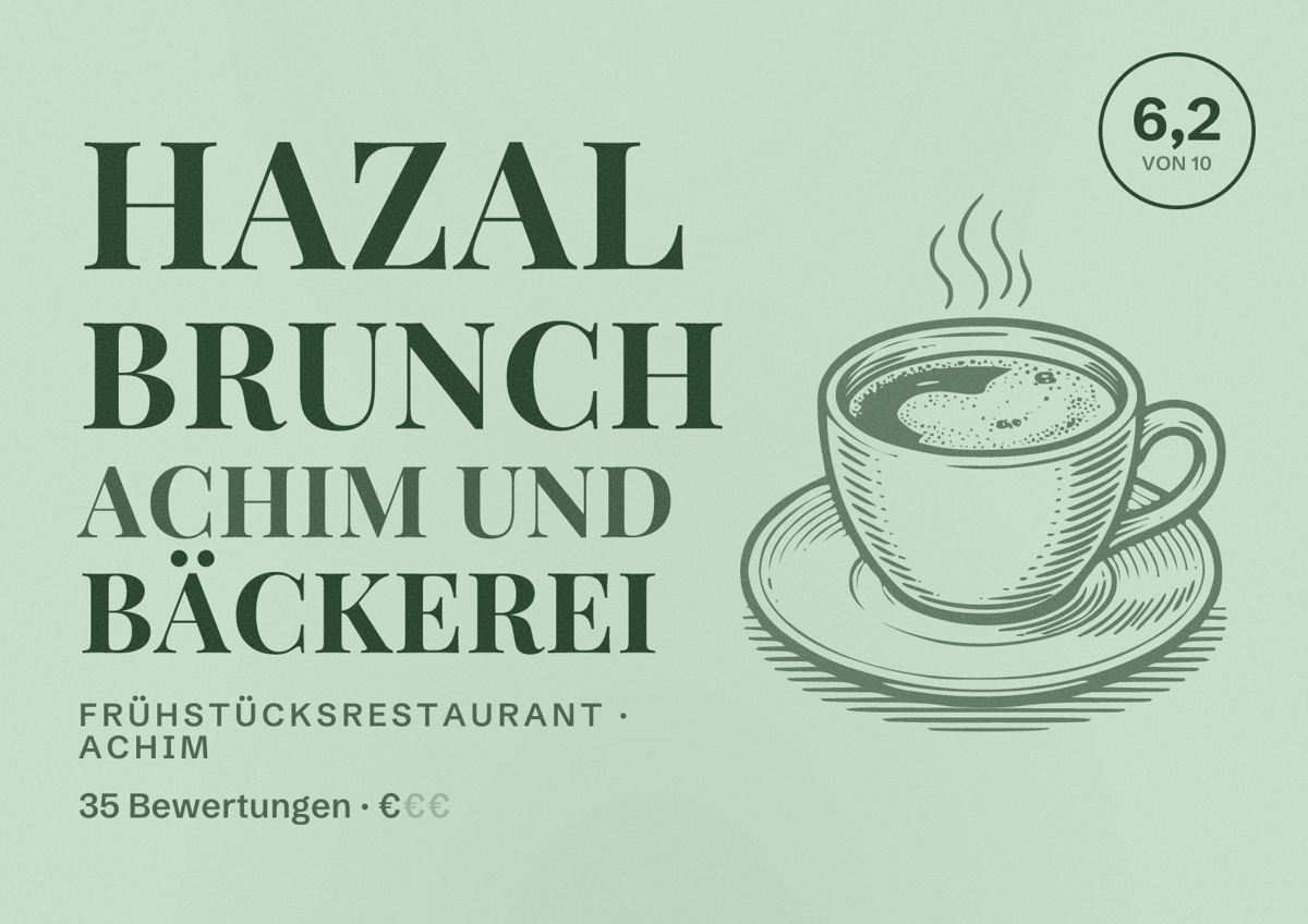 Illustriertes Poster von Hazal Brunch Achim und Bäckerei, Frühstücksrestaurant in Achim: Bewertung 6,2 von 10 aus 35 Bewertungen, Preisniveau €